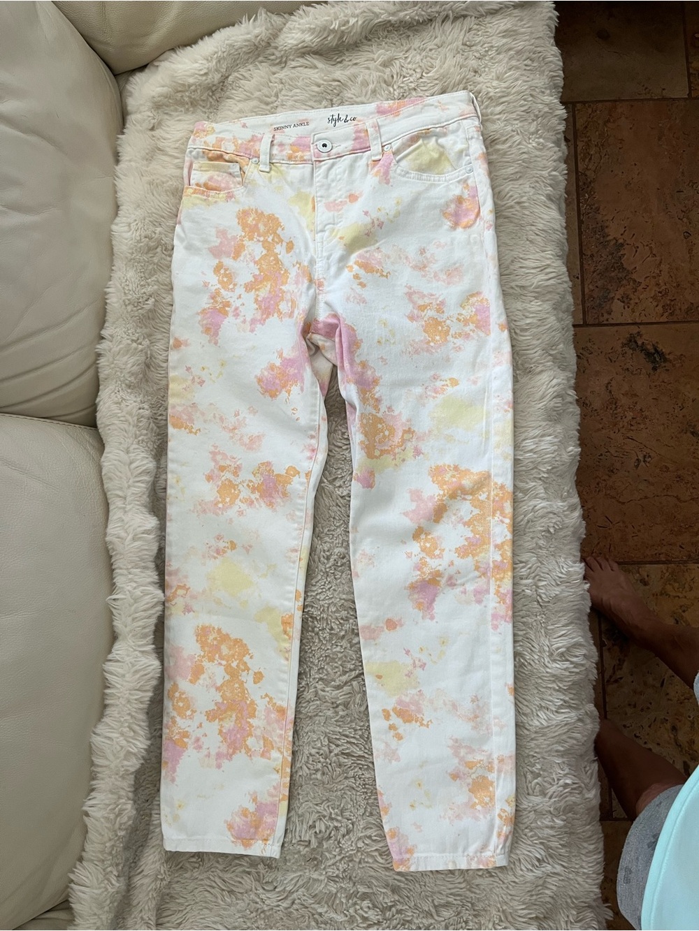 Style & Co. White Jeans with Pink and Yellow Tie-Dye Splatter